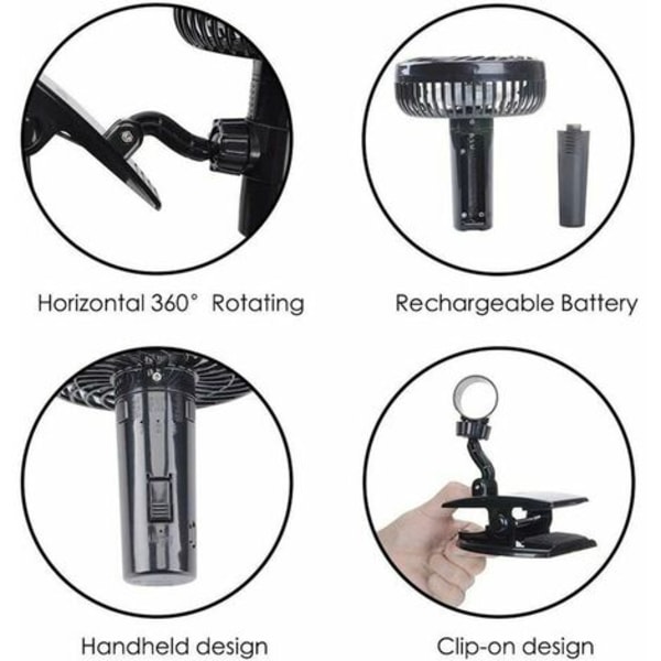 Bærbar USB-ventilator med klemme - Inkluderer genopladeligt batteri - Ideel til kontor, seng, klapvogn, camping, rejser.ca