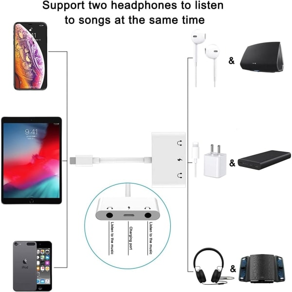 CASA Lightning høretelefoner til 3,5 mm lydadapter, 3 i 1 ekstra Audi