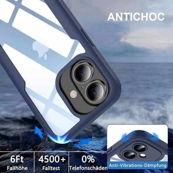 360-fodral för iPhone 16, Full Protection Soft TPU Front och Hard PC Back - Marinblå Transparent