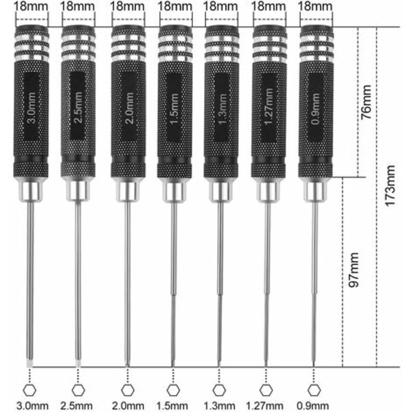 7-osainen kuusiokoloavainsarja, RC-ruuvimeisselisarja (0,9 mm 1,27 mm 1,3 mm 1,5 mm 2,0 mm 2,5 mm 3,0 mm) RC-mallikopterille - DPZO.ca