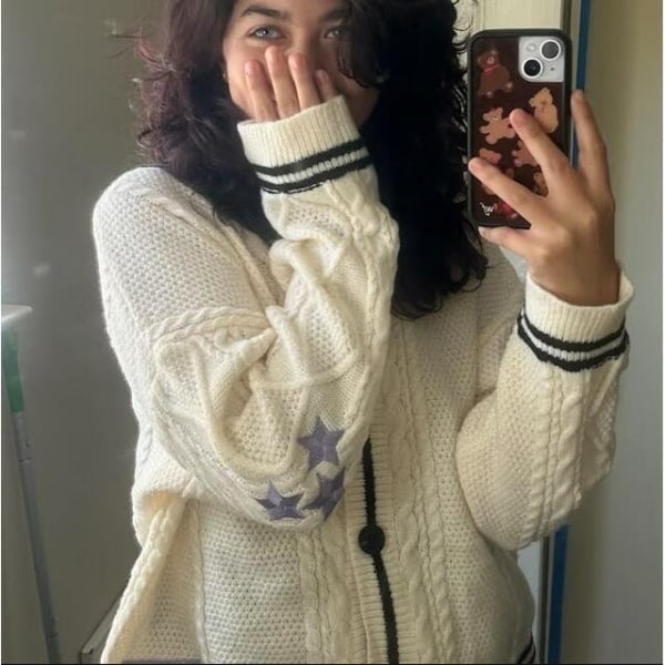 Taylor Swift Star Folklore Cardigan Stjärnbroderad Oversized Stickad Knapptröja Röd L