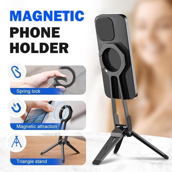 Magnetisk telefonstativ, bærbart foldbart 360° roterende stativ i aluminiumslegering med dobbeltsidet magnet til iPhone, rejsevlogging, sølv