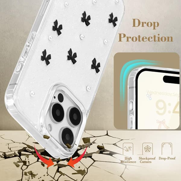 Compatible with iPhone 15 Pro, Bling Glitter 3D Bow Phone Case Cute Sparkly Crystal Clear Bow Slim Soft Durable Protective Cover Black Black iPhone 15 Pro