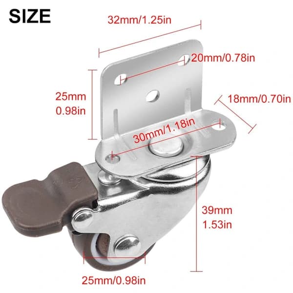 4x 25mm Svingbare Møbelhjul med Bremser for Småskap og Stoler