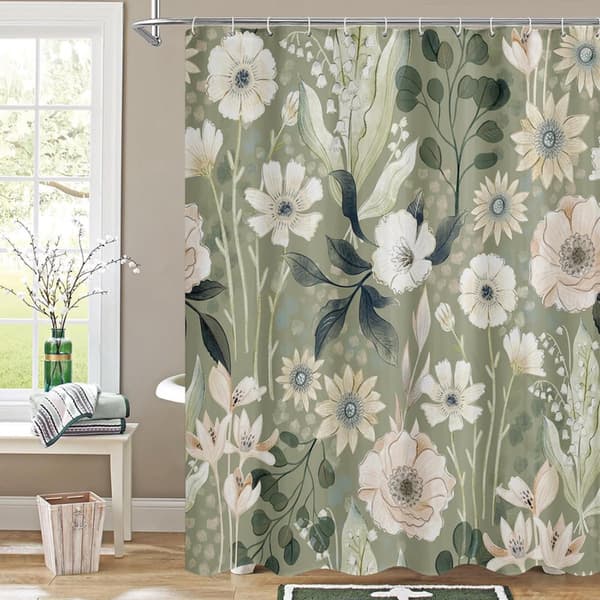 Blomster dusjforheng, vanntett polyester, maskinvaskbart med kroker, for baderom og romdelere, 200 x 180 cm