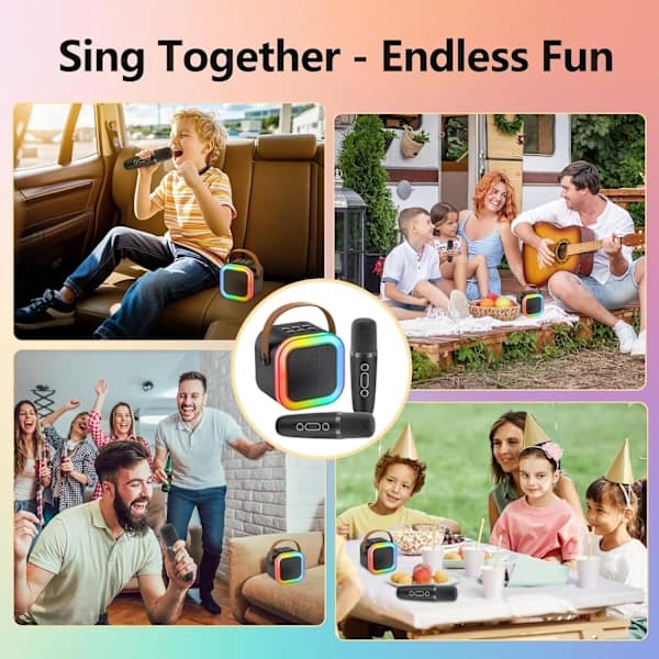 Mini karaokemaskine med Bluetooth-højttaler og 2 mikrofoner, bærbart LED-karaokesystem til børn og voksne, sort