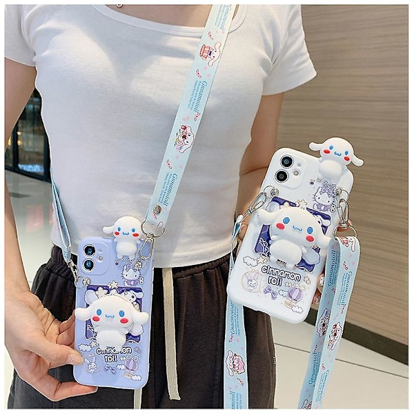 Sanrio Cinnamoroll 3D-etui til iPhone 14 13 12 11 Pro Max X Xr Xs 7 8 Plus Sød hundebåndsbeslag Cartoon Cover Lanyard Spejl og Rop Mirror and Rope 1 For iPhone 12 Pro