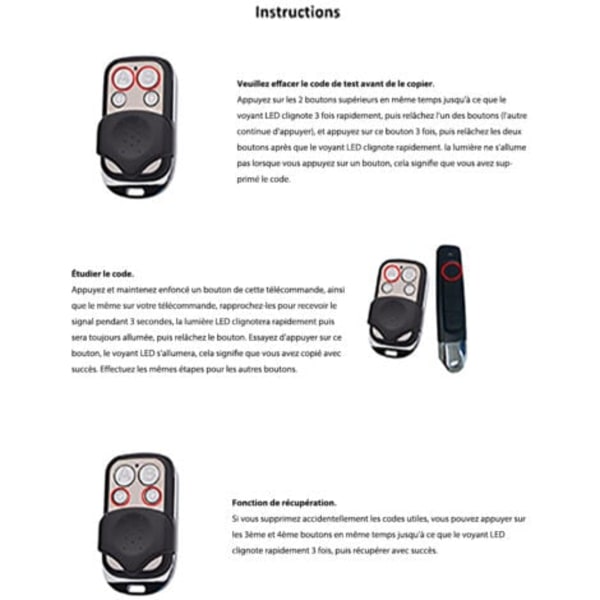 Sæt med 3 universelle fjernbetjeninger til automatisk port, frekvens 433,92 MHz, fast kode, 4 knapper til at styre op til 4 porte.ca