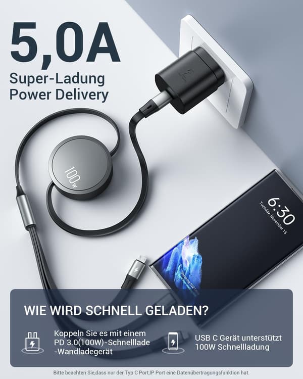 Typ-C 3-i-1 infällbar laddningskabel, CAFELE PD snabbladdning och data (Typ C) USB C multiladdningskabel, Typ C/Mobil/Micro Multi USB C-kabel