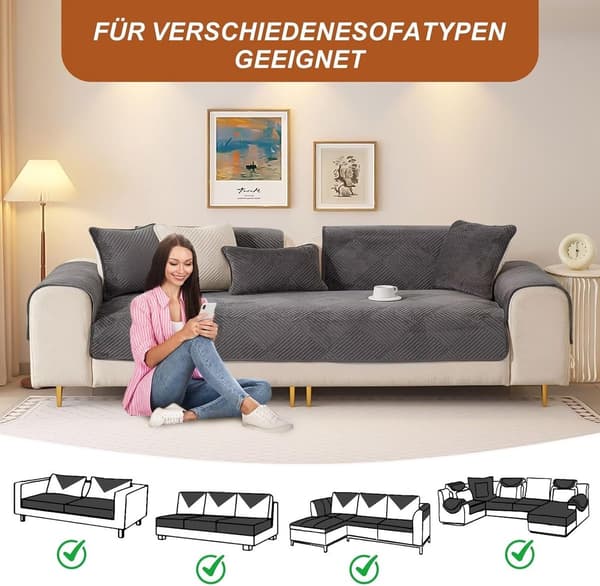 Sklisikkert fløyelssofatrekk, vattert plysj sofatrekk for 1 til 4 seter og L-formede sofaer, kjæledyrvennlig, grå 70 x 210 cm