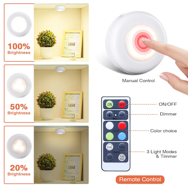 6-pack trådlösa LED-lampor, varmvit 4000k, dimbara LED-nattlampor, batteridrivna med fjärrkontroll, LED-spotlights, belysning för kök, sovrum