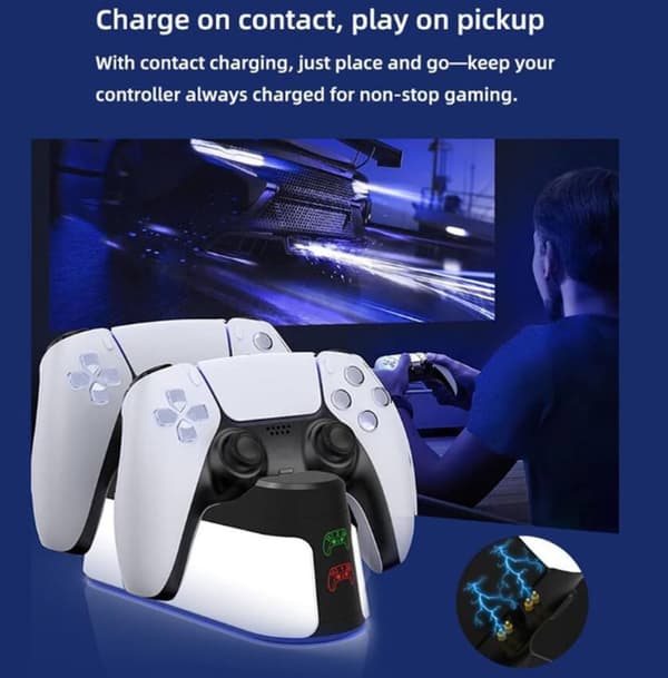 PS5 Controller Opladerstation, Dobbelt Hurtig Opladerstander Med RGB Lys Og LED-indikator til Sony PlayStation 5, Sort
