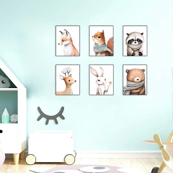 [CA] 6 st Skogsdjurs Canvas Väggkonst Barnrum Söt Djur Canvas Konst Väggdekor