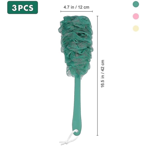 3-pack duschsvampar med handtag, ryggskrubb, mesh med långt handtag