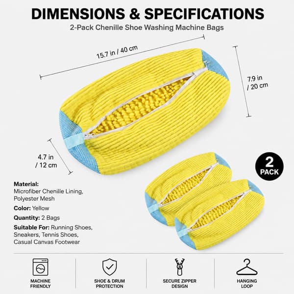 2-pack gula chenille skotvättmaskinspåsar, vadderade blixtlåsförsedda sneaker-tvättpåsar med fluffigt mikrofiberfoder för träningsskor yellow