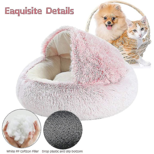 Fluffy katteseng, rund, blød plys, hul med hætte, katteseng, til vinteren, varm, sovepude, skridsikker, maskinvaskbar, til katte og hvalpe