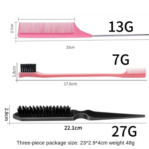 3 kpl Slick Brush Set - Harjakset, Kam, Rettävä Harja, Reuna Harja, Hiusten Muotoiluvälineet, Musta