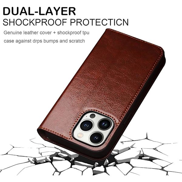 Læderetui til iPhone 14/14 Plus/14 Pro/14 Pro Max, Premium Ægte Læder og TPU Inderskal Slimline Magnetisk Folio Cover med 3 Kortlommer Iphone 14