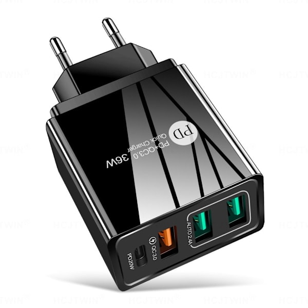 Standard 36W PD20W+2.4A 3USB 4A Europeisk standard mobiltelefonlader Multiport ladehodeadapter
