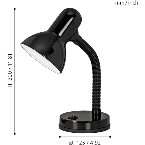 Enkel sengebordslampe, skrivebords- og læselampe i stål og sort plast, E27-fatning
