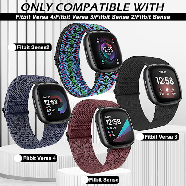 Paket med elastiska nylonband kompatibla med Fitbit Versa 4/Fitbit Versa 3/Fitbit Sense/Sense 2, mjukt justerbart sportband