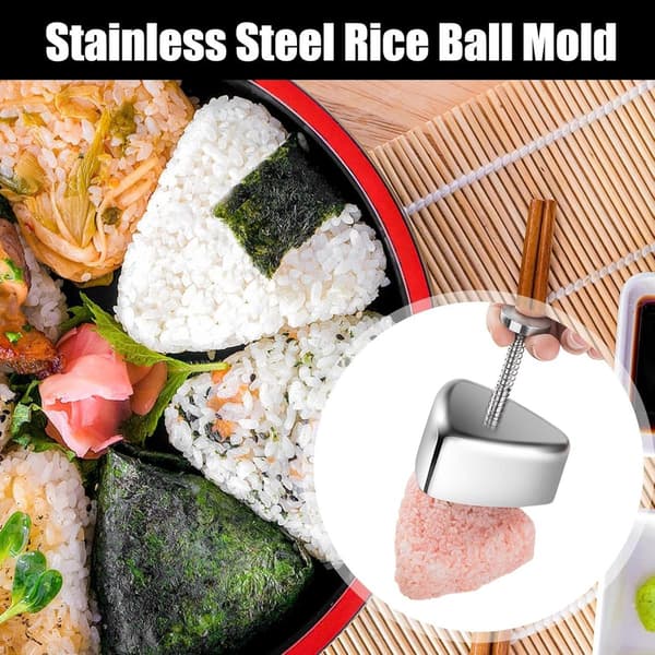 Onigiri Maker Risbolleform i Rustfritt Stål Non-Stick Gjenbrukbar for Barn Bento og Sushi Trekant Sølv 9,5 cm