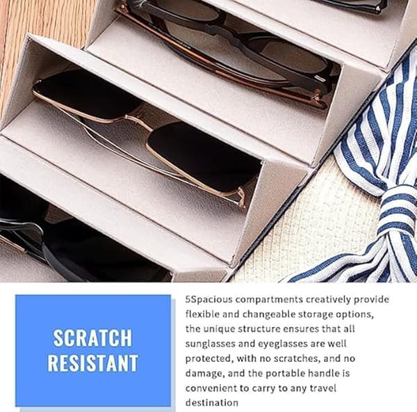 Solbrilleopbevaringsetui, 5 rum, foldbar hængende organizer med blødt for, til rejser, sort, 17x12.6x12.2cm