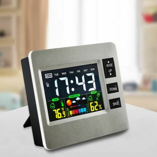 Trådlös digital väderstation med LCD-färgskärm för väderprognoser med inomhussensor, temperatur och luftfuktighet.ca