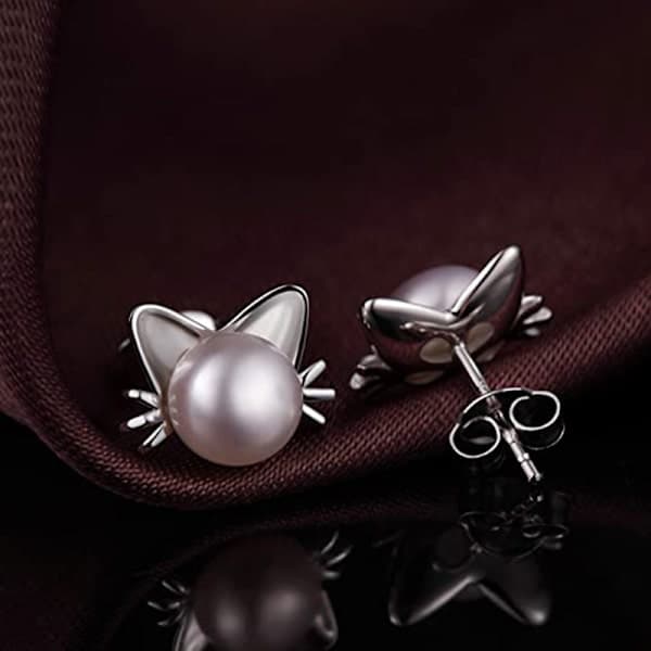 Cat Örhängen, 925 Sterling Silver Katt Stud Örhängen Simulerade