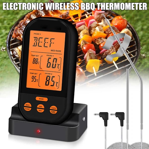 Trådlös Digital Kötttermometer LCD BBQ Grill Ugn Matlagningstermometer Med Sond För Kök Och Utomhus Silver Silver