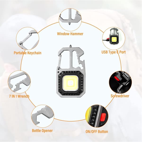 LED nøkkelringlommelykt, USB oppladbar multifunksjons arbeidslampe med magnet, flaskeåpner, vindusknuser for camping, grå 1 pack