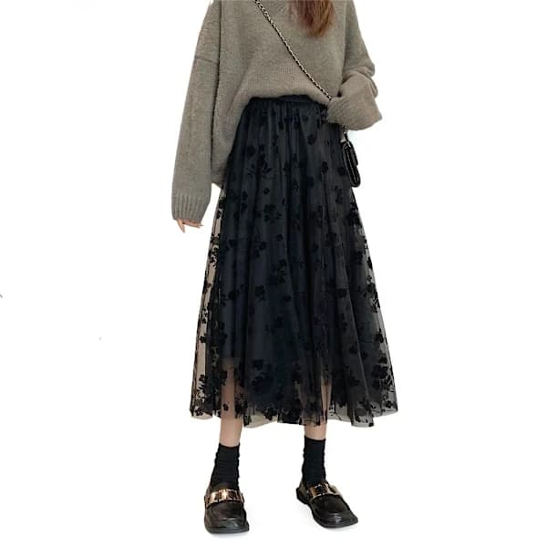 Blommig Mesh Overlay -tyllihame naisille, khaki[ca]