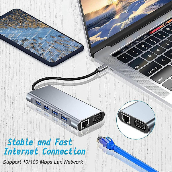 CASA 11 i 1 USB C HUB Dockningsstation med 4K -Kompatibel, VGA, USB 3.0-port, Typ C PD, RJ45 Ethernet, SD