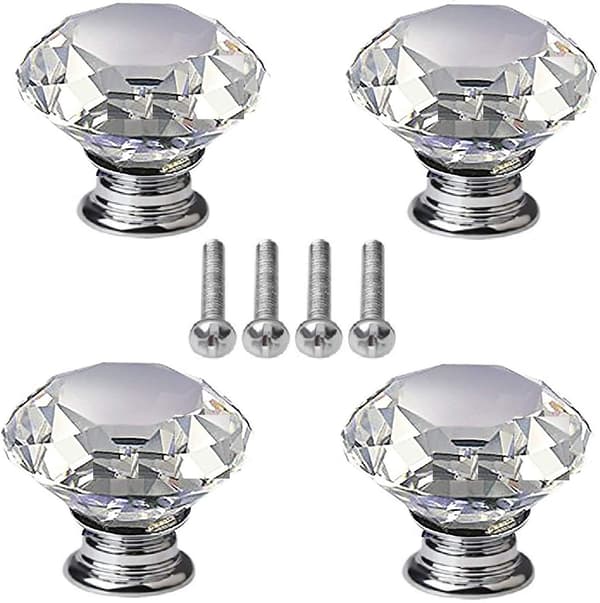 4 pcs Crystal Knobs, 40mm Diamond Drawer Cabinet Door Handle Crystal Door Handle with Screws for Home Kitchen Office Drawer