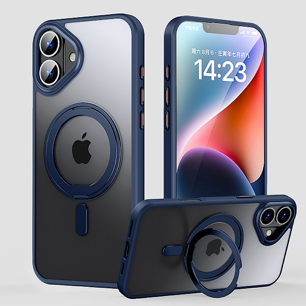 Magnetiskt iPhone 16 eller 16 Plus fodral [MagSafe-kompatibelt], Transparent tunt bakskydd med 360° roterbart ringstativ Blå Black iphone16plus