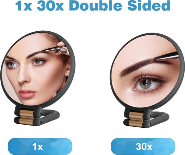 30X Forstørrende Makeup-spejl, Foldbart Dobbeltsidet Håndspejl med Pincet, 360° Roterbart Rejsespejl, Sort