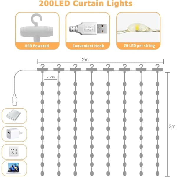 Light Curtain Warm White 200 LED 2m x 2m LED Light Chain Curtain LED Light String for Christmas Decoration