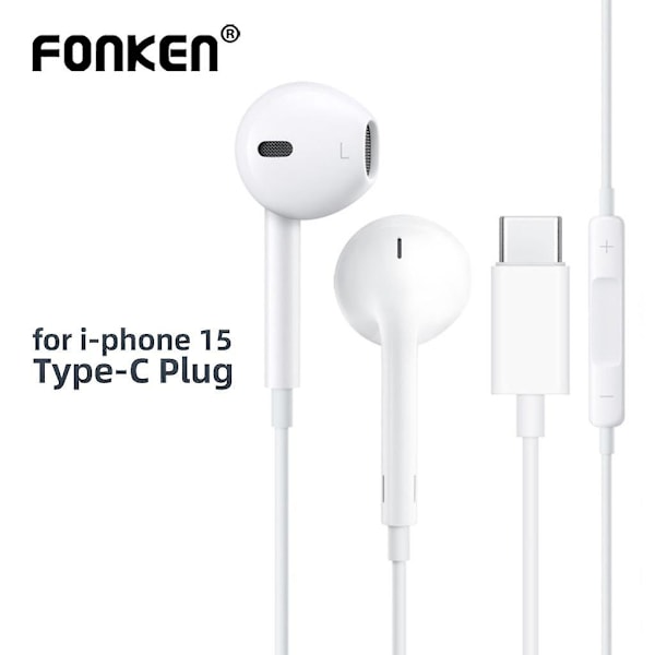 Fonken langalliset kuulokkeet IPhone 15 Pro Max -puhelimelle, in-ear nappikuulokkeet, Type-C kuulokkeet mikrofonilla, basso Stereo headset, ei Bluetooth