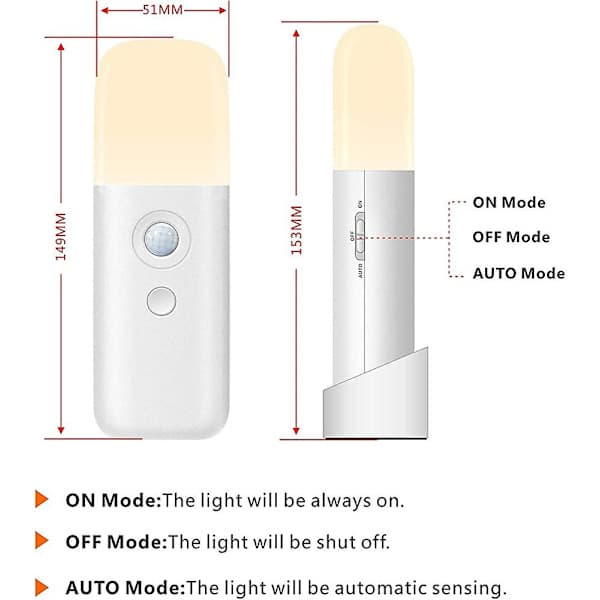 Bevegelsessensorlampe for innendørs bruk med base, USB-oppladbart batteri 2000 mAh, dimbar