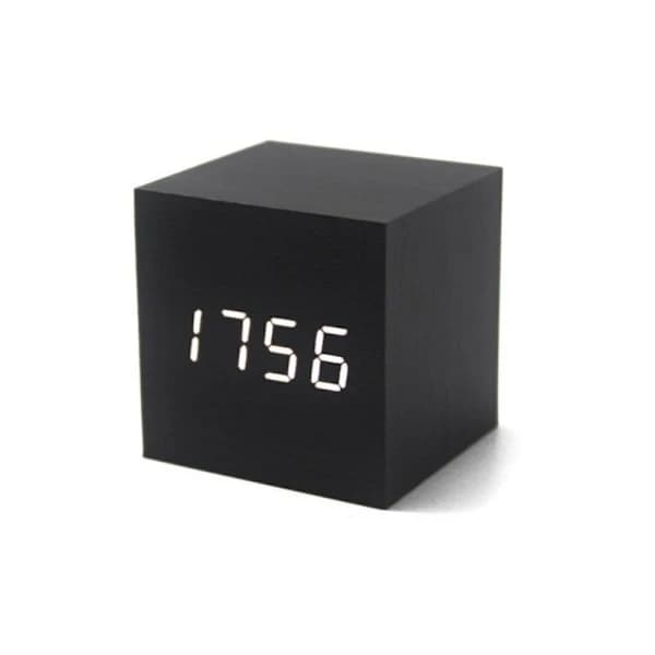 (Sort, 6x6x6cm) LED digitalt vækkeur, træur, træ