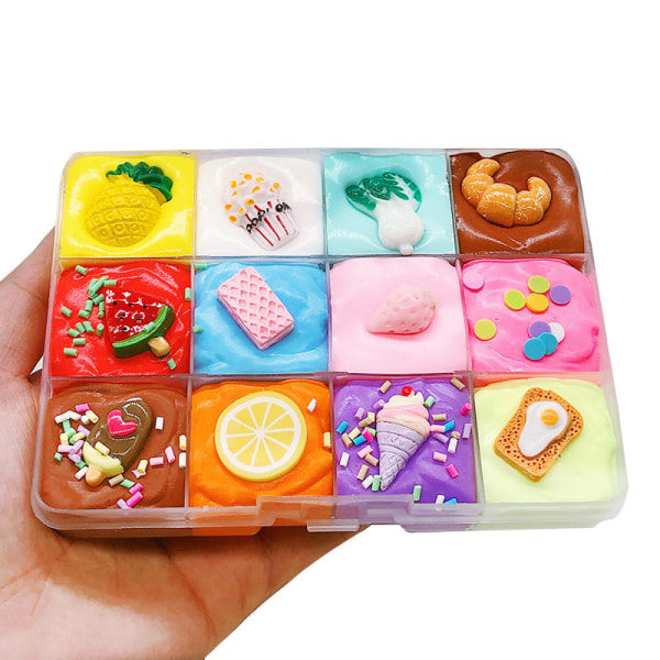 12 färger Kitty Leksak Icke-Klibbig Puff DIY Tårta Passar Tallrik Sensorisk Leksak Kit Present för frukttallrik slime_ca