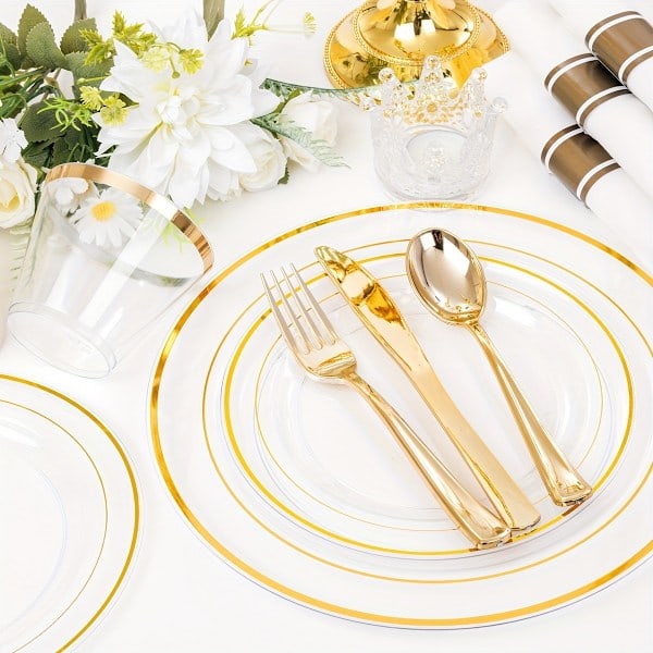 7-delars set (70 delar) genomskinliga guldplasttallrikar - Guldplastbestickset (YJD) Clear And Golden