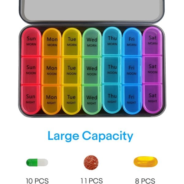 7-dagars pillerdosa Organizer 3 gånger dagligen Medicin förvaringsbox, veckomedicinering Tablett Organizer Fuktsäker BPA-fri resedosask case