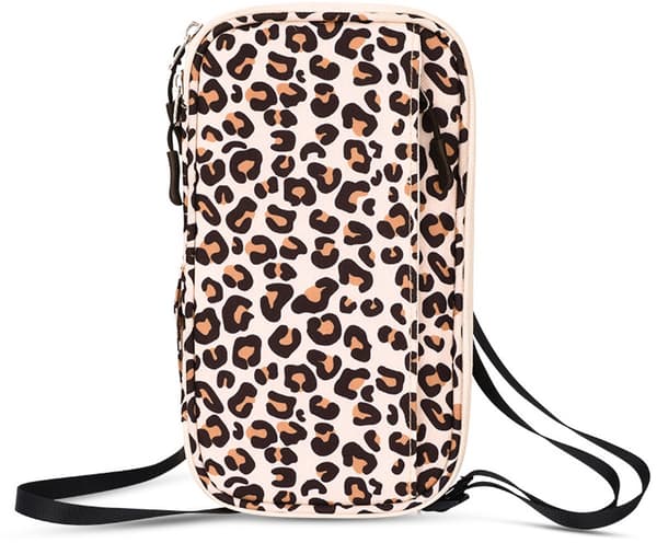 Paspengepung, vandtæt nylon RFID-blokerende organizer med lynlås og flere rum til rejser, leopard