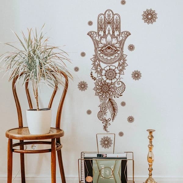 Hamsa Hand Väggdekal Mandala Lotusblomma Mönster Väggdekaler[ca]