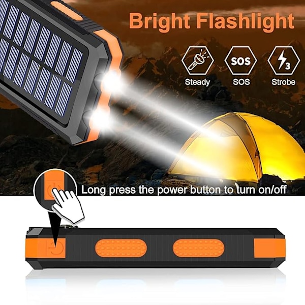 Solcelleoplader 20000mAh Solcelle Powerbank Vandtæt Bærbar Oplader med Dobbelte 5V USB-Porte/LED Orange