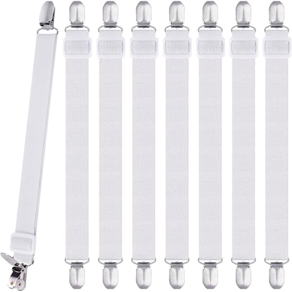 8 Pieces Sheet Clips, Adjustable Sheet Holders, High Elastic Fitted Sheet Straps with Clips, Sheet Fasteners Max Stretch 120cm, Sheet Holder-FX- White White