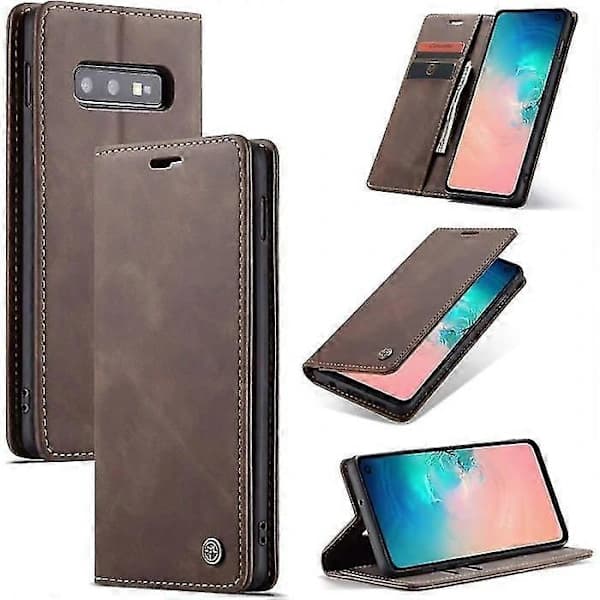 Samsung Galaxy S10e Deksel med Magnetisk Lærflipdeksel Stativ Støtsikker CoffeeY