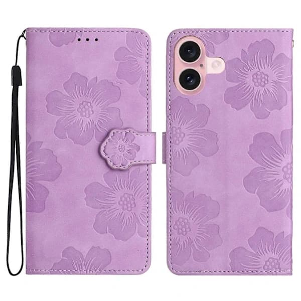 Læder Flip Wallet Etui med Kortlommer og Blomstermønster til iPhone 16