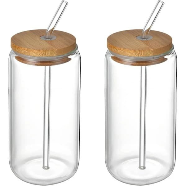 2-pack dricksglas med bambulock och sugrör för iskaffe, latte, öl, cocktails och vatten, 500 ml